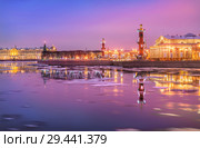 Санкт-Петербург. Розовое утро на Стрелке с Ростральными колоннами. Rostral columns on a pink winter morning (2018 год). Редакционное фото, фотограф Baturina Yuliya / Фотобанк Лори