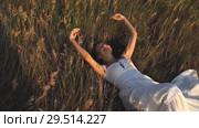 A beautiful brunette in the field lies down on the grass and laughs. Стоковое видео, видеограф Виктор Аллин / Фотобанк Лори