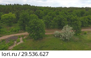 Aerial view on motorcyclist on a winding rural road through a scenic lush green forested mountain valley. Стоковое видео, видеограф Виктор Аллин / Фотобанк Лори