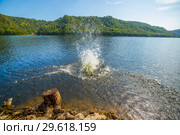 A picturesque place for swimming. Splashes from jumping man into the water. Стоковое фото, фотограф Акиньшин Владимир / Фотобанк Лори