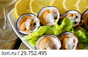 Raw bivalve shellfishes (European bittersweet) served with lemon on plate. Стоковое видео, видеограф Яков Филимонов / Фотобанк Лори