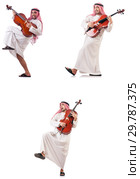 Arab man playing cello isolated on white. Стоковое фото, фотограф Elnur / Фотобанк Лори
