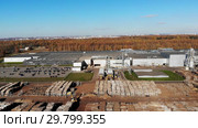 Wood processing at a woodworking plant.Aerial view. Стоковое видео, видеограф Никита Ковалёв / Фотобанк Лори