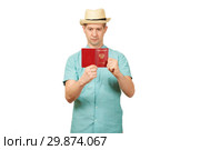 The man looks in the opened international passport. A look in a fullface. Стоковое фото, фотограф Владимир Арсентьев / Фотобанк Лори