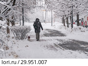 Заснеженные улицы Москвы во время снегопада 13 февраля 2019 года. Стоковое фото, фотограф Анастасия Мелешкина / Фотобанк Лори