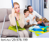 Upset woman with cleaning equipment. Стоковое фото, фотограф Яков Филимонов / Фотобанк Лори