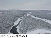 Amazing Wild Olanga River In Frozen Forest. Really Snowly Winter On The North. Aerial,  Paanajärvi, Karelia, Russia. Стоковое фото, фотограф Кирилл Трифонов / Фотобанк Лори