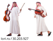 Arab man playing cello isolated on white. Стоковое фото, фотограф Elnur / Фотобанк Лори
