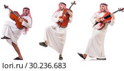 Arab man playing cello isolated on white. Стоковое фото, фотограф Elnur / Фотобанк Лори