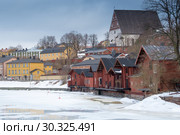 Old wooden barns in the Porvoo Old Town, Finland. Стоковое фото, фотограф Ольга Визави / Фотобанк Лори