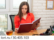 Сотрудница офиса внимательно читает отчет о проделанной работе. Стоковое фото, фотограф Иванов Алексей / Фотобанк Лори