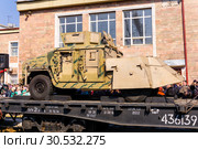 Improvised armored car of terrorists on a railway flatcar (2019 год). Редакционное фото, фотограф Евгений Харитонов / Фотобанк Лори