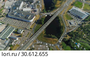 Road cars Traffic Bridge drone Timelapse Viaduct in Riga city Miniature in motion. Стоковое видео, видеограф Aleksejs Bergmanis / Фотобанк Лори