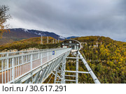 Подвесной пешеходный мост "Скайбридж" (SkyBridge) через Ахштырское ущелье в "Скайпарк" (Skypark), Сочи (2018 год). Редакционное фото, фотограф Ольга Сейфутдинова / Фотобанк Лори