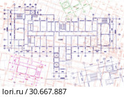 Architectural background with technical drawings. Blueprints plan texture. Drawing part of architectural project. Стоковая иллюстрация, иллюстратор bashta / Фотобанк Лори