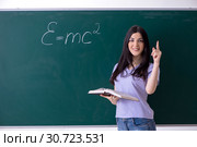 Young female teacher student in front of green board. Стоковое фото, фотограф Elnur / Фотобанк Лори
