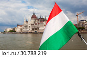 Флаг Венгрии на фоне Парламента. Будапешт (2019 год). Стоковое фото, фотограф Сергей Афанасьев / Фотобанк Лори