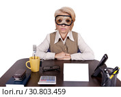 Business girl sleeping in the workplace in a mask to sleep with the eyes of a dog. Lunch break. Стоковое фото, фотограф Элина Гаревская / Фотобанк Лори