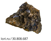 Natural morion crystals on a piece of rock isolated on white background. Стоковое фото, фотограф Евгений Харитонов / Фотобанк Лори