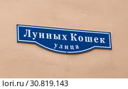Улица Лунных Кошек. Адресная табличка на стене между домами по Каменноостровскому проспекту, 77 и набережной Малой Невки, 3. Санкт-Петербург (2019 год). Стоковое фото, фотограф Румянцева Наталия / Фотобанк Лори