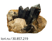 Conglomerate of morion, feldspar and mica crystals isolated on white background. Стоковое фото, фотограф Евгений Харитонов / Фотобанк Лори