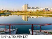 Привольный пруд, пожарный пруд,  пруд-отстойник в Жулебино. Москва (2018 год). Стоковое фото, фотограф Владимир Устенко / Фотобанк Лори