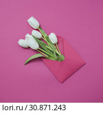 Handmade envelope with fresh white tulips on a magenta background. Стоковое фото, фотограф Ярослав Данильченко / Фотобанк Лори