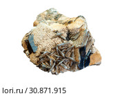 Conglomerate of morion, feldspar and mica crystals isolated on gray background. Стоковое фото, фотограф Евгений Харитонов / Фотобанк Лори