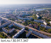Panoramic view from drone of the residential district city Orekhovo-Zuyevo. Russia (2019 год). Стоковое фото, фотограф Яков Филимонов / Фотобанк Лори