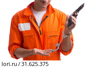 Prisoner with gun isolated on white background. Стоковое фото, фотограф Elnur / Фотобанк Лори