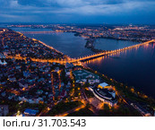 Night aerial view of Voronezh with river. Стоковое фото, фотограф Яков Филимонов / Фотобанк Лори