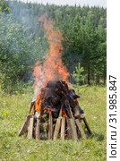 Горящий на поляне костёр. Birning campfire. Стоковое фото, фотограф Евгений Романов / Фотобанк Лори
