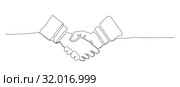 Handshake vector illustration on a white background. Continuous line drawing style. Стоковая иллюстрация, иллюстратор Павлов Максим / Фотобанк Лори