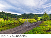 Узнезинское сельское поселение - село Нижний Куюм,Чемальский район, Республика Алтай, Южная Сибирь, Россия - 14 августа, 2019: деревянные дома маленького алтайского села в долине реки Куюм. Редакционное фото, фотограф Евгений Мухортов / Фотобанк Лори