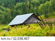 Узнезинское сельское поселение - село Нижний Куюм,Чемальский район, Республика Алтай, Южная Сибирь, Россия - 14 августа, 2019: деревянные дома маленького алтайского села в долине реки Куюм. Редакционное фото, фотограф Евгений Мухортов / Фотобанк Лори