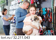 girl with havanese pup while shopping with parents. Стоковое фото, фотограф Яков Филимонов / Фотобанк Лори