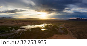 Sand dunes Bayan Gobi and lake at sunset. Стоковое фото, фотограф Михаил Коханчиков / Фотобанк Лори