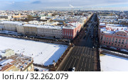 Aerial view at the Nevsky avenue and the Anichkov Bridge at winter season. The Fontanka river. Saint-Petersburg city, Russia (2017 год). Редакционное фото, фотограф Кекяляйнен Андрей / Фотобанк Лори