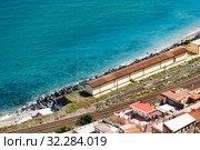 Aerial breathtaking view of Giardini Naxos railway station, shore of Ionian sea (2019 год). Стоковое фото, фотограф Ирина Мойсеева / Фотобанк Лори