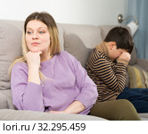 Upset mother and offended son crying after quarrel at home. Стоковое фото, фотограф Яков Филимонов / Фотобанк Лори