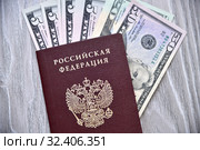Russian foreign passport and an dollar banknote. Стоковое фото, фотограф Володина Ольга / Фотобанк Лори