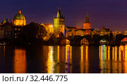 Evening view of Charles Bridge with illumination. Prague. Czech Republic. Стоковое фото, фотограф Яков Филимонов / Фотобанк Лори