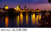 Evening view of Charles Bridge with illumination. Prague. Czech Republic. Стоковое фото, фотограф Яков Филимонов / Фотобанк Лори