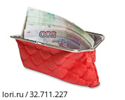 Открытый красный кошелек с бумажными купюрами. Изолировано на белом фоне. Стоковое фото, фотограф Элина Гаревская / Фотобанк Лори