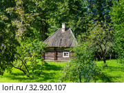 Музей-усадьба "Михайловское". Яблоневый сад. Старая деревянная постройка. Псковская область (2016 год). Редакционное фото, фотограф Александр Щепин / Фотобанк Лори