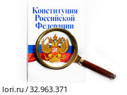 Брошюра "Конституция Российской Федерации" под лупой на белом фоне. Стоковое фото, фотограф Николай Винокуров / Фотобанк Лори