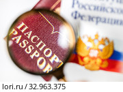 Российский заграничный паспорт под лупой на фоне герба и флага Российской Федерации. Стоковое фото, фотограф Николай Винокуров / Фотобанк Лори