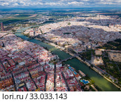 Aerial view Sevilla of city center with embankment of Guadalquivir. Spain (2019 год). Стоковое фото, фотограф Яков Филимонов / Фотобанк Лори