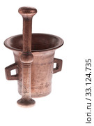 Bronze ancient mortar and pestle - isolated on white background. Стоковое фото, фотограф Sergiy Artsaba / PantherMedia / Фотобанк Лори