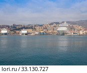 View of Genoa Italy from the sea. Стоковое фото, фотограф Claudio Divizia / Smarterpix / Фотобанк Лори